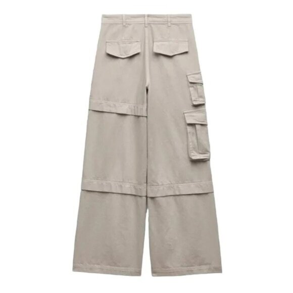 ZARA Extra Long Wide Leg Baggy Cargo Pants Womens Small Khaki - Picture 2 of 8